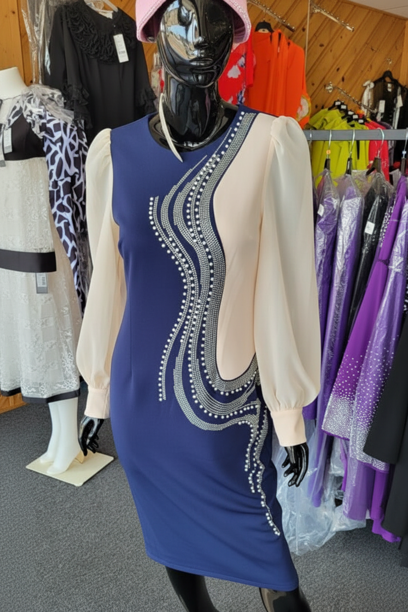 Navy and Ivory Rhinestone Dress