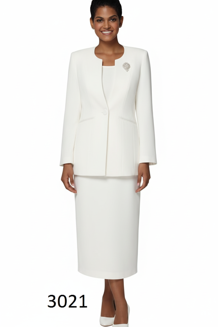 White suit with skirt